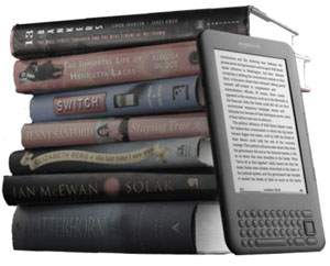 Stack of books with e-reader